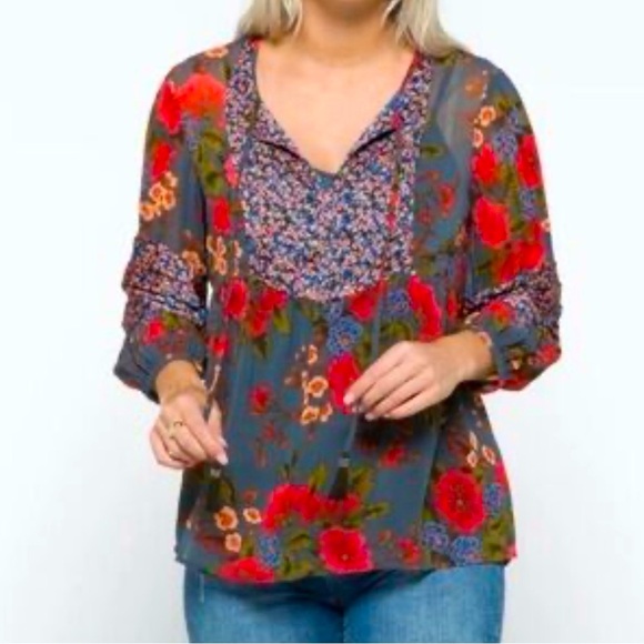 Daniel Rainn XXL Blue Floral Boho Peasant Blouse Sheer 3/4 Sleeve Tassel Tie - Picture 7 of 13